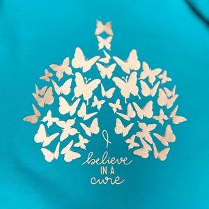 Custom made Lung Cancer Awareness T-shirt. Teal with gold butterfly. Slim fit.